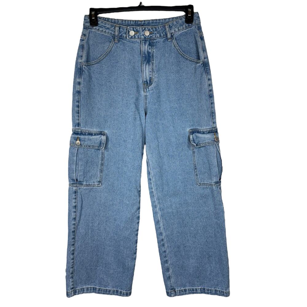 Cider Large Wide Leg Cargo Jeans Hi-Wash Button-Flap Pockets Zip-Fly Light Wash